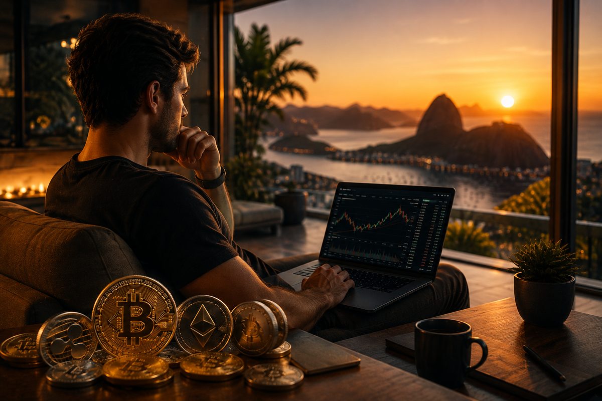 Homem observando o pôr do sol no Rio de Janeiro enquanto analisa um gráfico de criptomoedas no notebook, cercado por moedas físicas de Bitcoin e Ethereum sobre a mesa