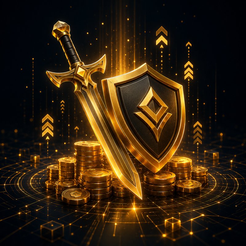Ilustração 3D de uma espada e escudo dourados sobre uma pilha de moedas, representando a mecânica de batalha e recompensa dos jogos Web3