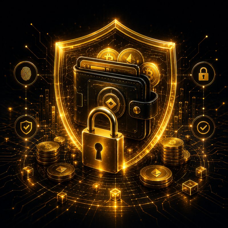 Ilustração 3D de um escudo dourado protegendo uma carteira digital com moedas de Bitcoin e Ethereum, representando segurança em jogos Web3
