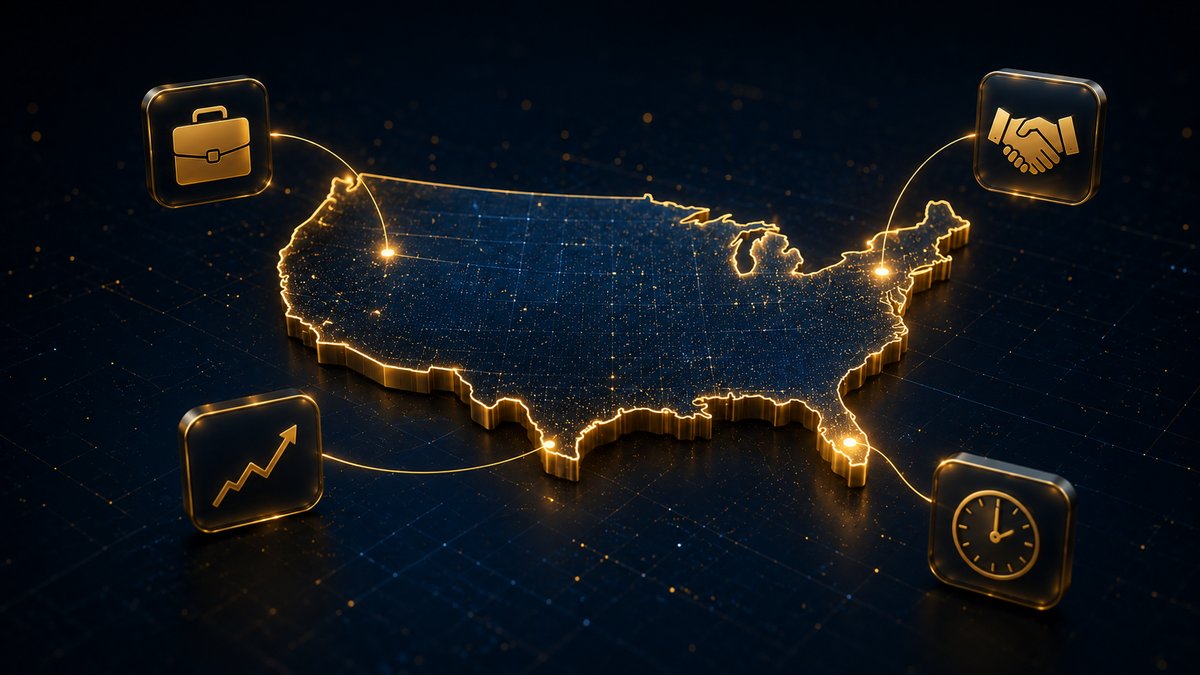 Mapa dos Estados Unidos com ícones representando mercado de trabalho: maleta, aperto de mãos, gráfico e relógio