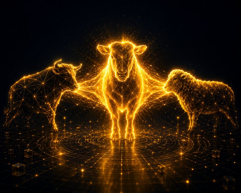 Ilustração de três animais dourados brilhantes se fundindo em uma silhueta mais forte, representando o sistema de fusão do Chainers