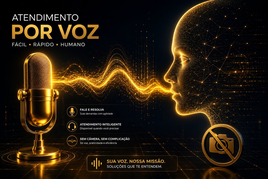 Ilustração de atendimento por voz com inteligência artificial, microfone dourado e ondas sonoras conectando a um rosto digital, representando a clonagem de voz