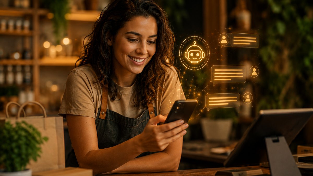 Dona de pequeno negocio sorrindo enquanto usa um assistente de inteligencia artificial no celular para responder mensagens de clientes automaticamente