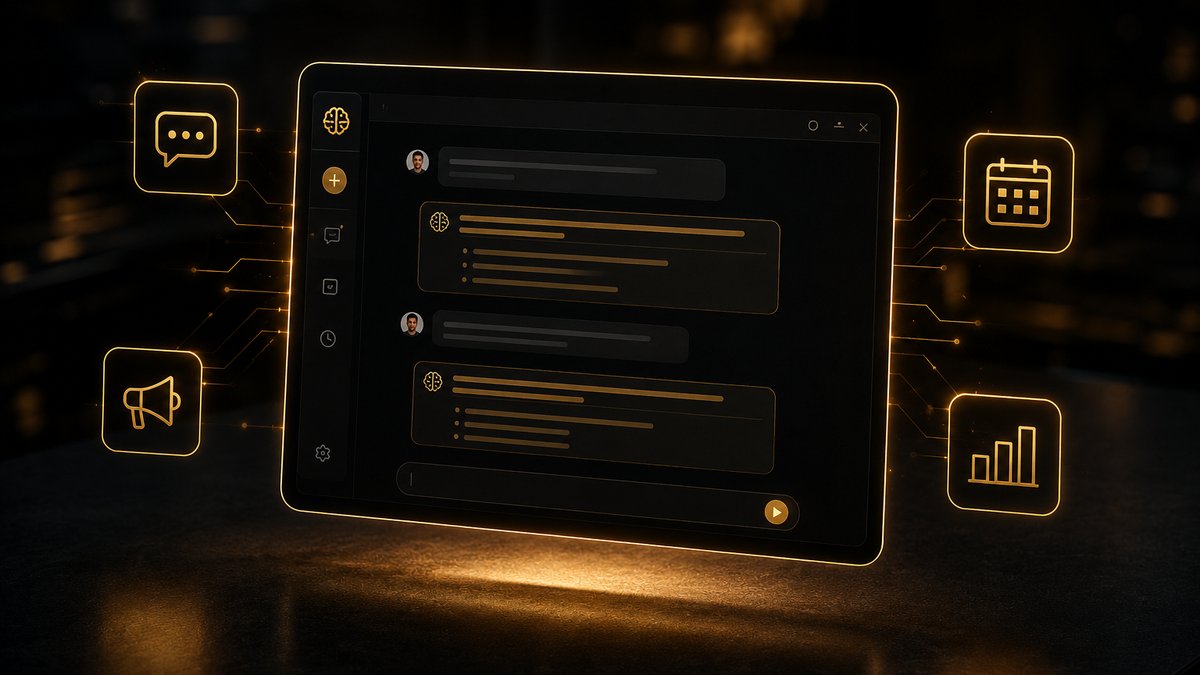 Interface de chat de inteligencia artificial cercada por icones representando atendimento, marketing, calendario e financas, simbolizando as diferentes areas onde a IA pode ajudar um pequeno negocio