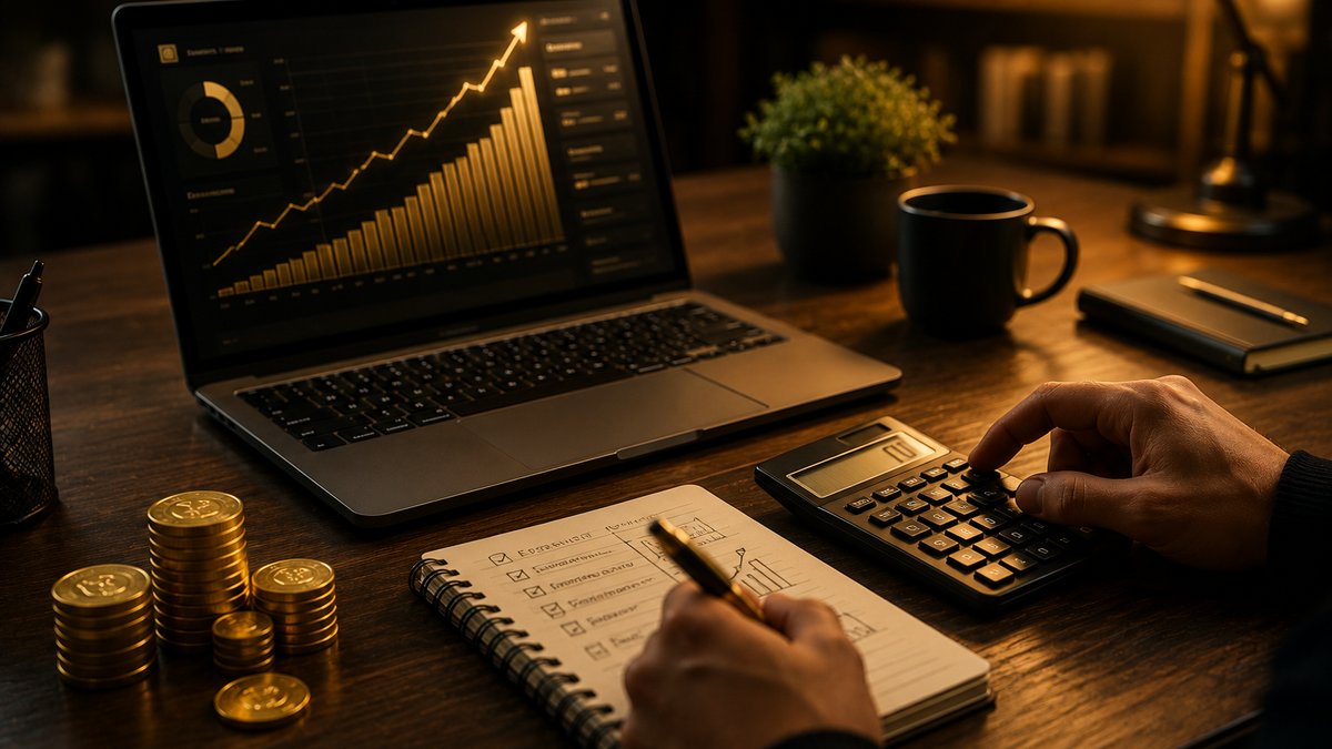 Pessoa organizando as financas em uma mesa com notebook mostrando grafico de investimentos, calculadora, caderno de anotacoes e moedas de ouro