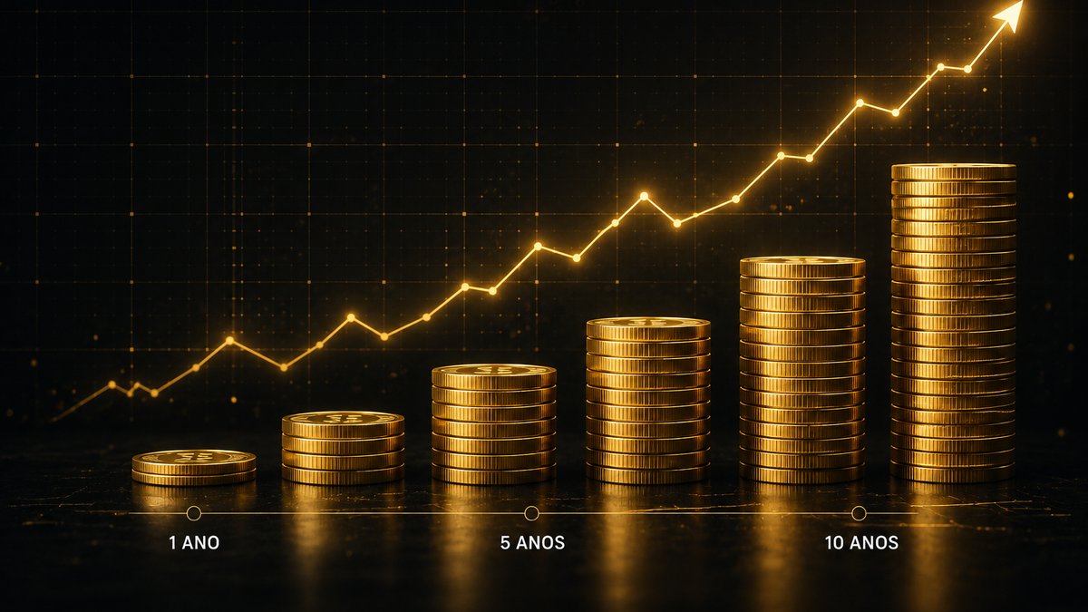 Pilhas de moedas de ouro crescendo progressivamente da esquerda para a direita, representando o crescimento de um investimento ao longo de 1, 5 e 10 anos