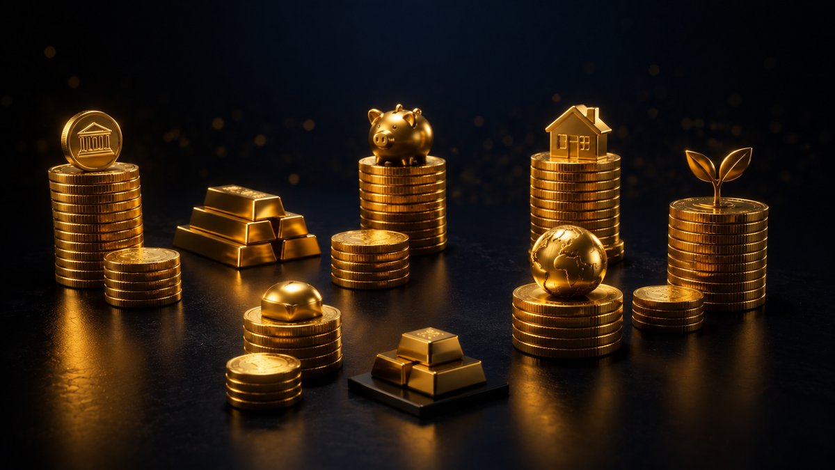 Ilustração em 3D dourado representando diversificação de investimentos entre poupança, Tesouro Direto, CDB e outros ativos