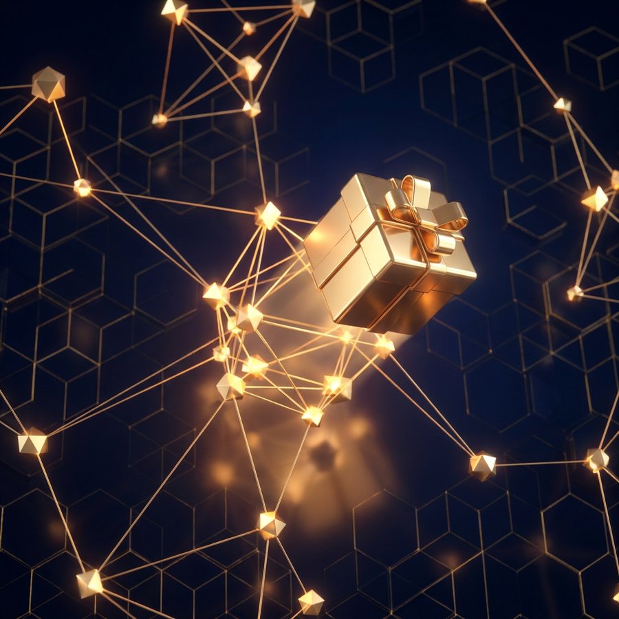 Ilustração 3D de uma caixa de presente dourada conectada a uma rede de nós brilhantes, representando airdrops de criptomoedas