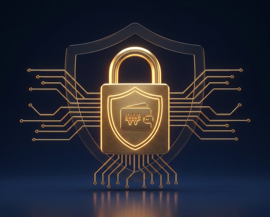 Ilustração 3D de um cadeado dourado protegendo uma carteira digital, representando segurança em criptomoedas
