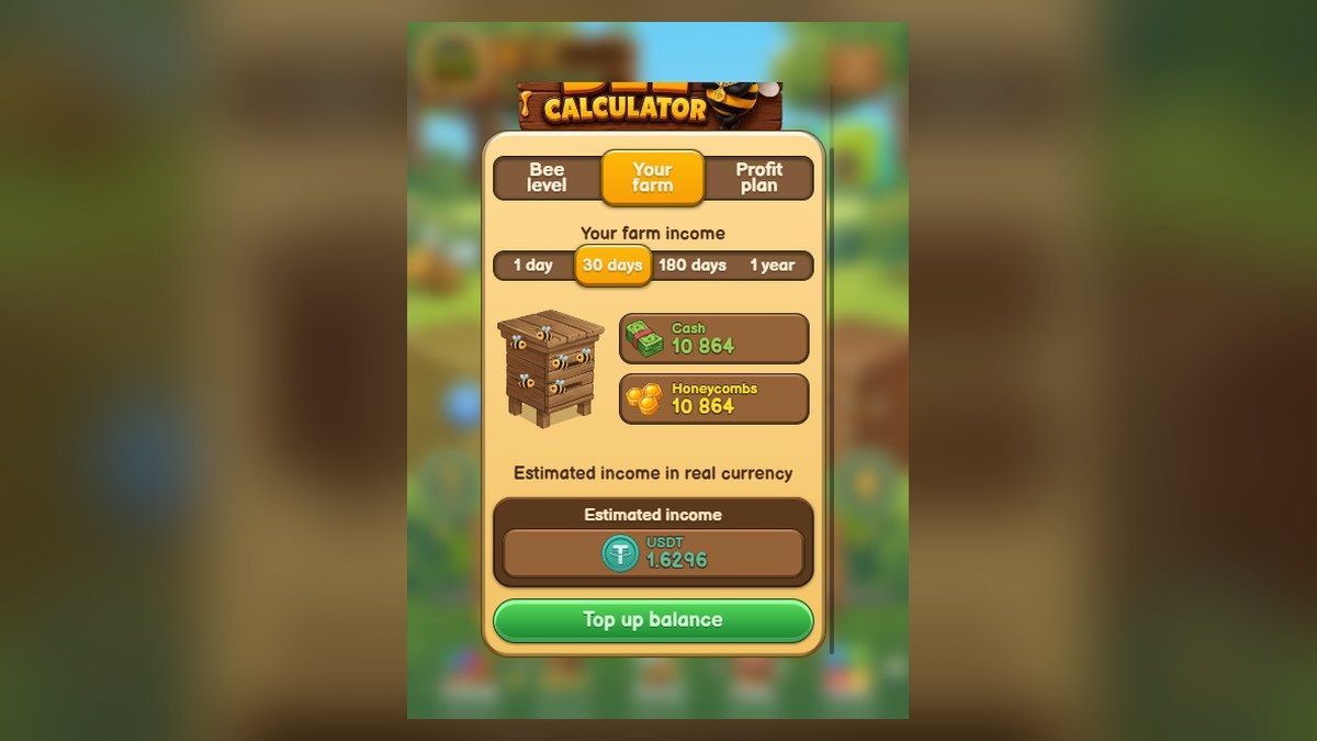 Calculadora interna do Honey Farm estimando o rendimento da fazenda em 30 dias