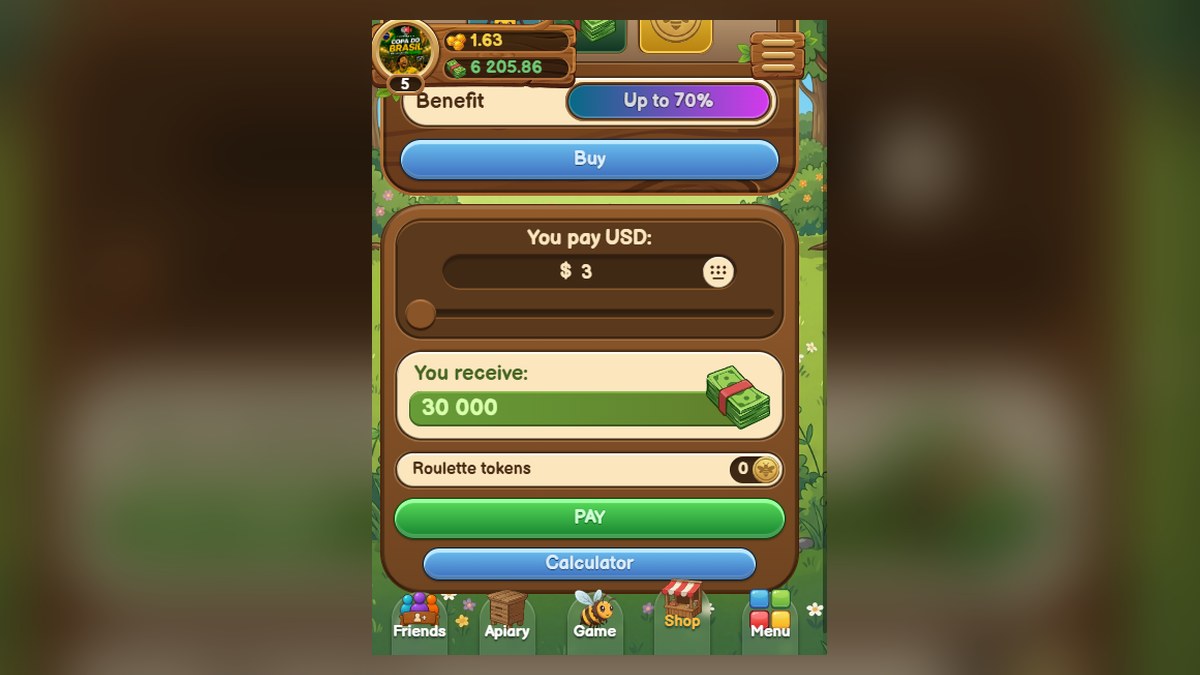 Tela de compra do Honey Farm mostrando conversão de dólar em moeda do jogo