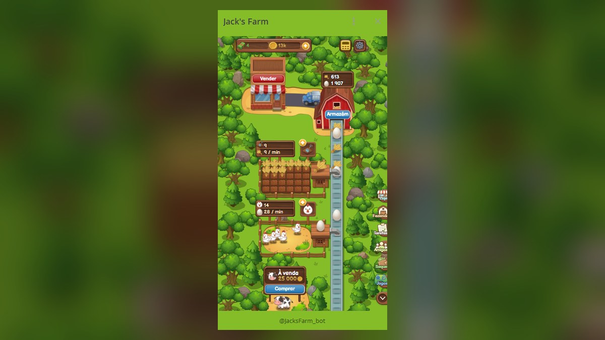 Tela principal da fazenda do Jack's Farm com plantação, galinheiro e armazém